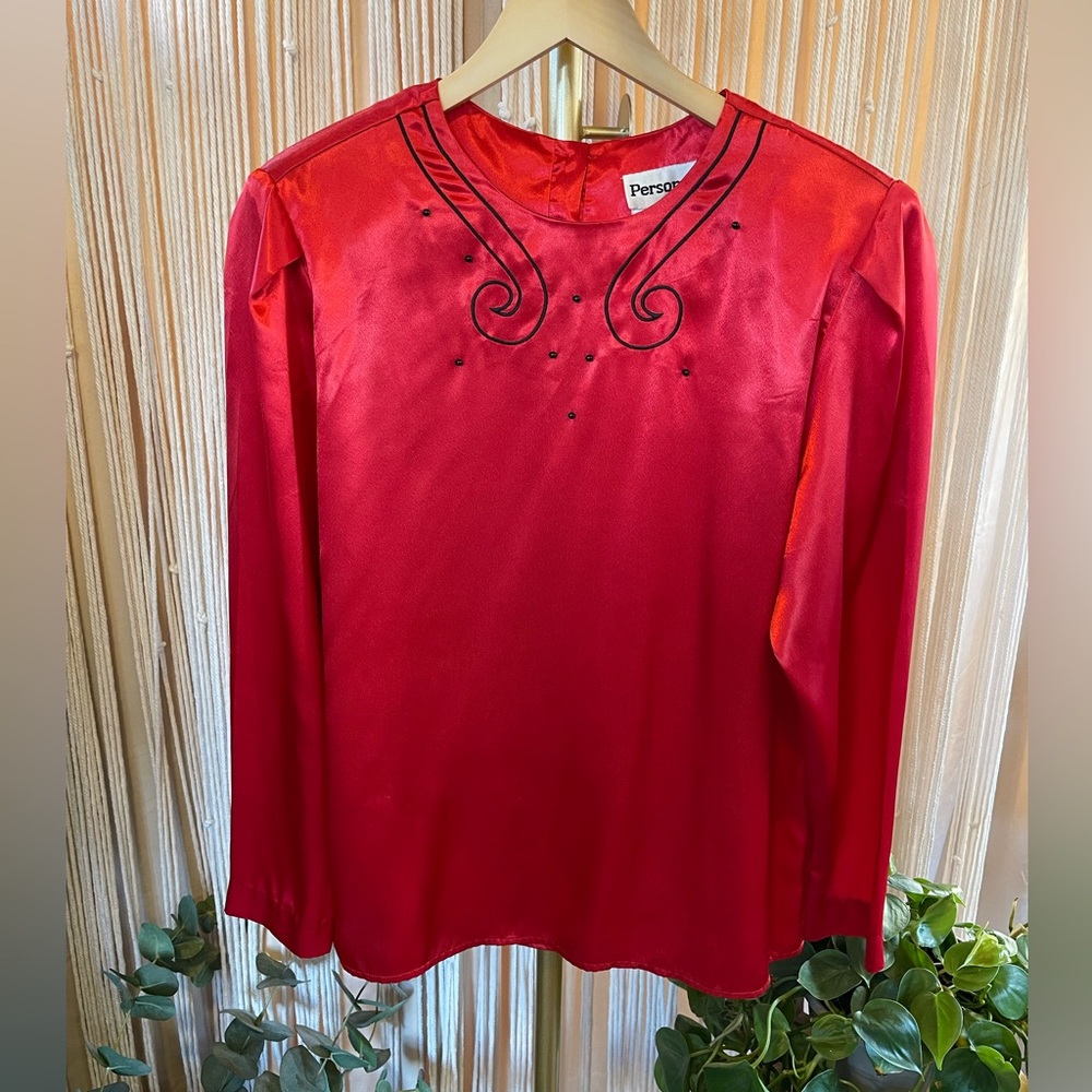 Vintage Red Satin long sleeve Blouse w Embroidered Details by Personal size 14